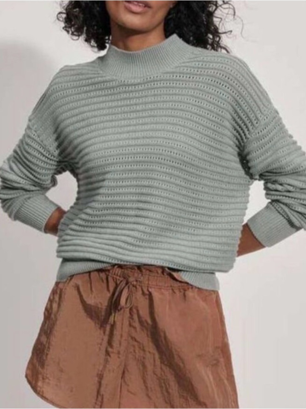 Varley Sage Green Ribbed Mock-Neck Sweater